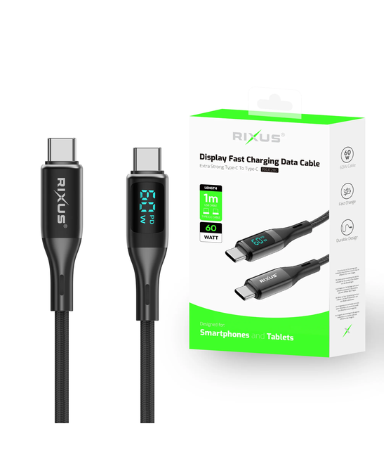 USB-C–USB-C -kaapeli 60 W LED-näytöllä (Rixus)