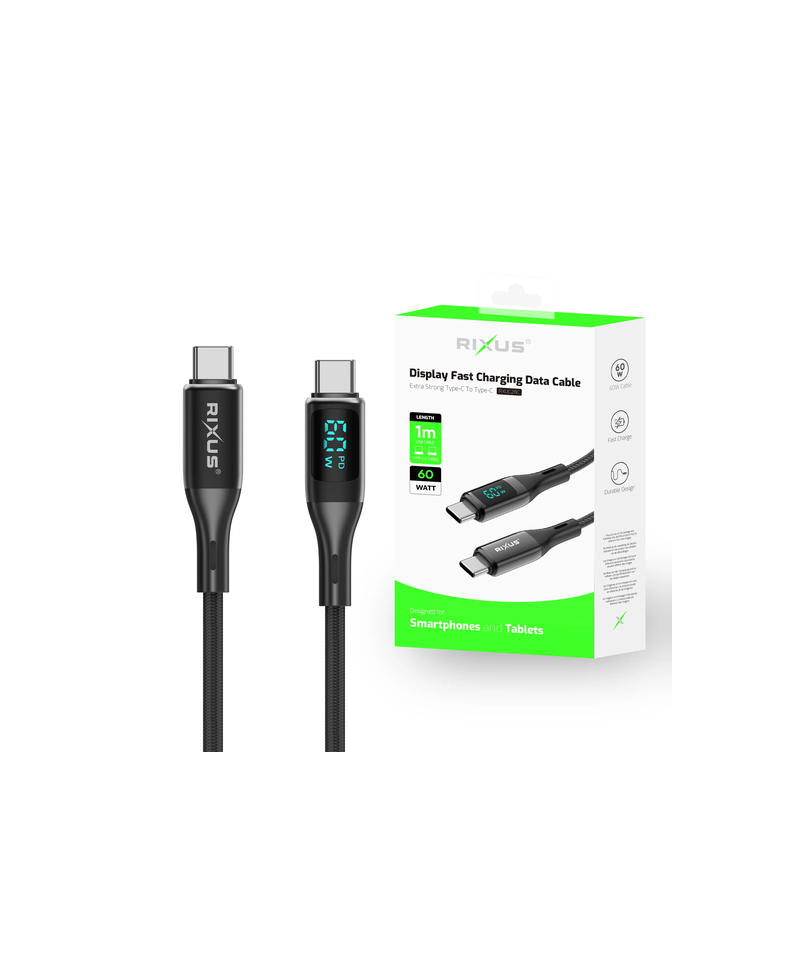 USB-C–USB-C -kaapeli 60 W LED-näytöllä (Rixus)