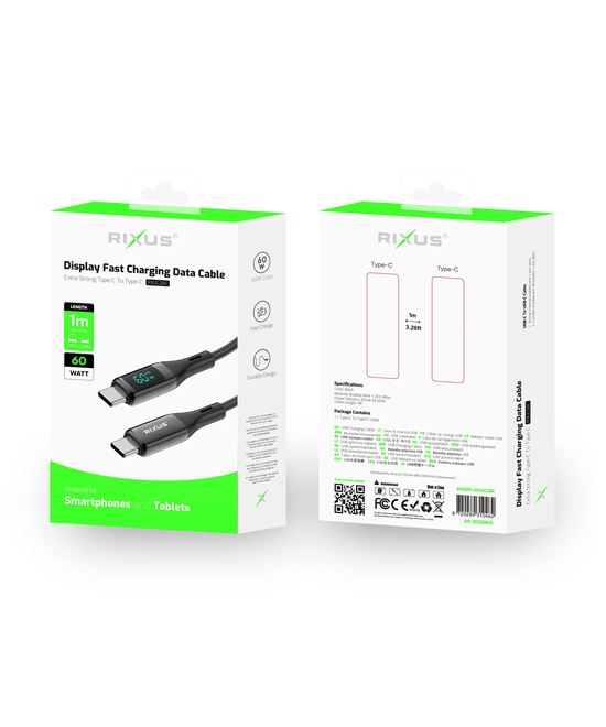 USB-C–USB-C -kaapeli 60 W LED-näytöllä (Rixus)