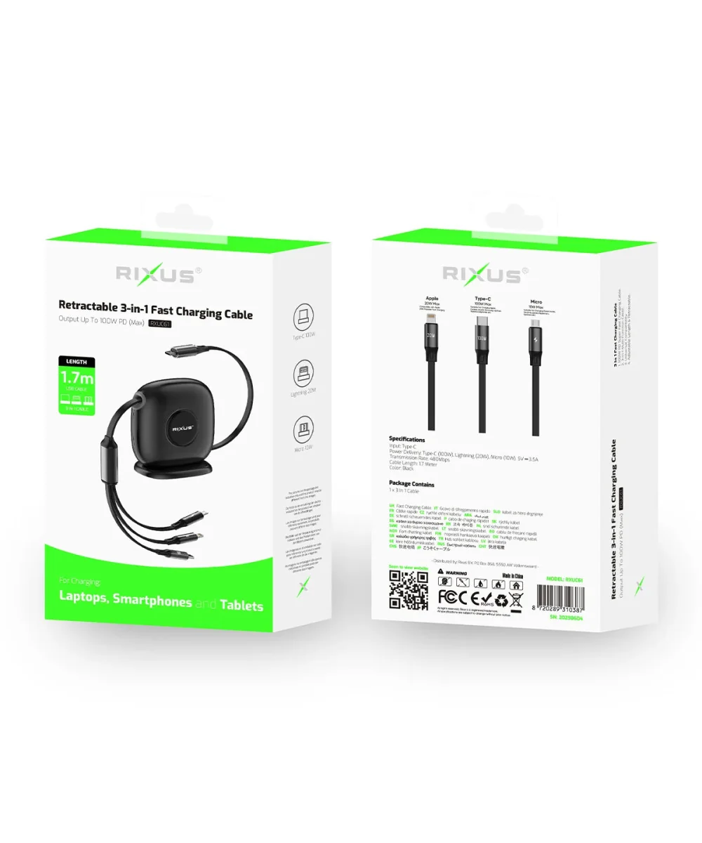 Sisäänkelautuva 3-in-1-latauskaapeli 100 W | RXUC61